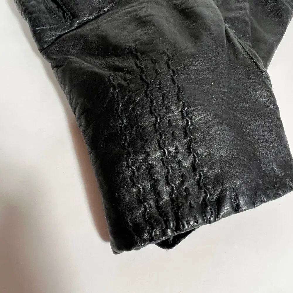 Van Raalte Black Leather Gloves 1980s Vintage Medium Knit Lining Vintage Retro